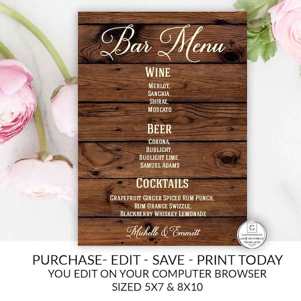 Rustic Country Wedding Bar Menu Editable Printable Wedding Bar Sign DIY Vintage Drink Menu Wedding Decor You Edit Yourself Instant Download