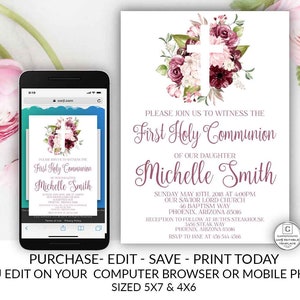 Girl First Holy Communion Invitation Floral 1st Communion Invitation Template Communion Invitation Template Burgundy Printable Invitation image 1