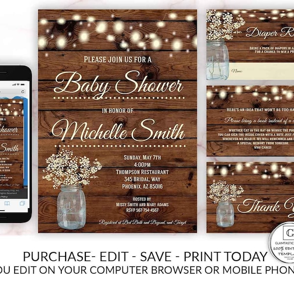 Baby Shower Invitation Editable Printable Rustic Instant Download Template Country Vintage Western Floral Mason Jar Invitation Package DIY