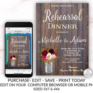 Rustic Rehearsal Dinner Invitation Template Editable Printable Instant Download YOU EDIT Boho Burgundy Mason Jar Electronic Online Textable