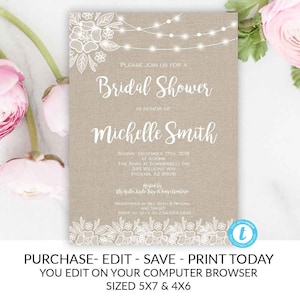 Lace Kraft Rustic Bridal Shower Invitation, Bridal Shower Template, Editable, Printable, Fairy Lights, Lace, Wedding Shower, You Edit, DIY image 1