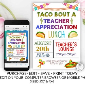 Taco Bout Insegnante Apprezzamento Pranzo scolastico Invito al pranzo Stampabile Modificabile Scuola Fai da te Modello di apprezzamento per assistente sociale consulente