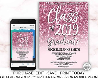 Pink Glitter Graduation Invitation Editable Printable Class Of High School College Masters DIY Graduation Electronic Cheap Online Invite