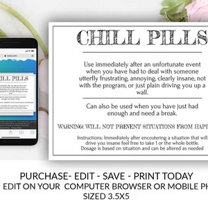 Chill Pills Label, Chill Pills, Editable Label, Printable Label, Digital Label, Chill Out, YOU EDIT, Boss Gift, Co Worker Gift, Gag Gift
