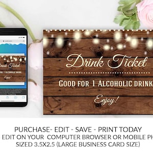 Rustic Drink Ticket Country Western Drink Ticket Template Editable Printable Online Electronic Cheap DIY Open Bar Drink Ticket Cheers Card