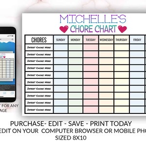 Editable Girl Chore Chart Schedule Printable Template You Edit Yourself ...