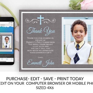 Niño Primera Comunión Gracias Tarjeta 1ª Comunión Gracias Plantilla Azul Gris Editable Imprimible Foto Bautismo DIY Invitación Electrónica En Línea