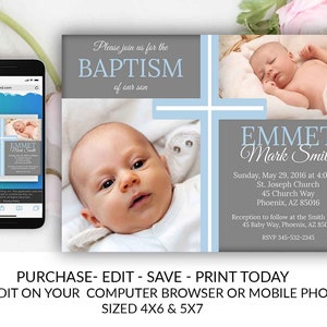 Baptism Invitation Template Boy Cross Instant Download Editable Printable YOU Edit First Communion Dedication Blue Grey Elegant Modern DIY