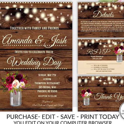 Rustic Wedding Invitation Template Country Wedding Template | Etsy