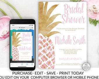 Pineapple Bridal Shower Invitation, Pineapple Bridal Shower Template, Pink, Gold, Glitter, Instant Download, Printable Invitation, Editable