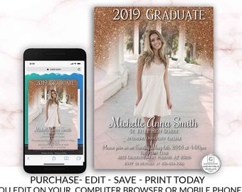Rose Gold Graduation Invitation Editable Printable Glitter Class Of High School College Masters Graduation Electronic Cheap Online Invite