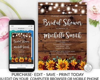 Rustic Sunflower Floral Bridal Shower Invitation Template Instant Download Editable Printable Country Vintage Flower Wine, Shower Invitation