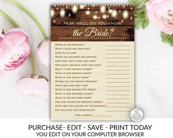 How Well Do you Know the Bride Game, Rustic How Well do you know the Bride Game, Rustic Bridal Shower Game, Bridal Shower Activity, Game