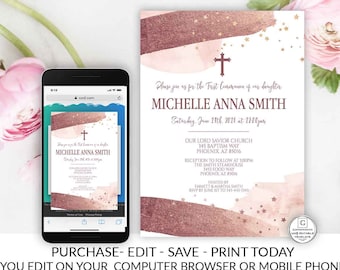 First Communion Girl Invitation Template Watercolor Rose Gold Instant Download Editable Printable Religious, First Communion Invitation, DIY