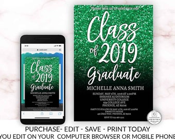 Green Black Graduation Invitation Editable Printable Glitter Class Of High School College Masters Graduation Electronic Cheap Online Invite