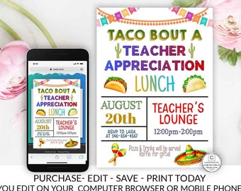 Taco Bout Teacher Appreciation School Luncheon Lunch Invitation Printable Editable School DIY Social Worker Counselor Appreciation Template