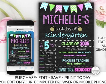 Last day of School Sign Chalkboard Template Girl, Instant Download, Editable, Printable, Last Day of, Last Day, Any Grade, Chalkboard Sign