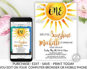 Sunshine Birthday Invitation, Sunshine Invitation, Our Little Sunshine, Birthday Invitation, Editable, Printable, Sunshine, Sun, First, 1st