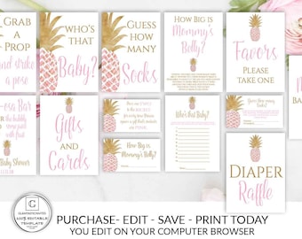 Pineapple Baby Shower Package Decor Template Editable Printable Gold Pink Girl Instant Download Games Activities Signs Tropical Chevron DIY