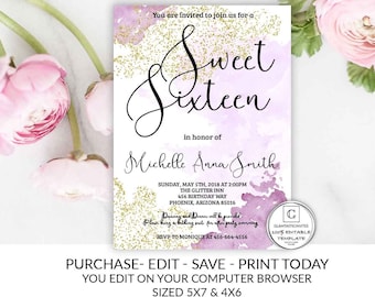 Gold Purple Sweet 16 Birthday Invitation, Sweet 16 Invitation, Birthday Invitation, Sweet 16 Template, Sweet Sixteen Birthday, Editable, DIY