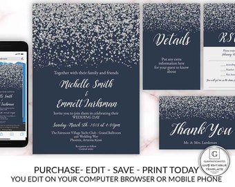 Navy Blue Silver Diamond Wedding Invitation Set Package Template Glitter Confetti Electronic Online DIY Cheap Invitations Blue Silver Insert