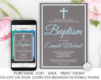 Blue Gray Boy Baptism Invitation Rustic Simple Minimalist Baptism Invitation Template Editable Printable Electronic DIY Cheap Online Invite