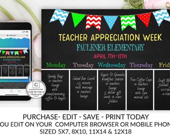 Teacher Appreciation Chalkboard Sign Template, Template, Printable, Editable, Teacher Appreciation Week Schedule, Week Schedule Template