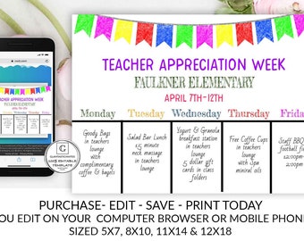Colorful Teacher Appreciation Week Printable Schedule Template Itinerary Electronic Digital Cheap PTO PTA Fundraising Weekly Poster Sign DIY