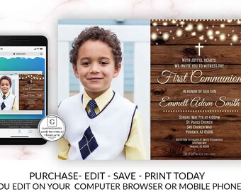 Rustic Boy First Communion Invitation Template, First Communion Invitation, 1st Communion Invitation, Editable, Printable, Instant Download