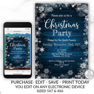 Editable Rustic Christmas Party Invitation Template Holiday Company Party Country Winter Online Textable Electronic Email DIY Pine Snowflake