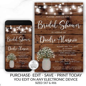 Baby's Breath Mason Jar Bridal Shower Invitation, Rustic Country Bridal Shower Printable, Editable Printable Template Invitation, Quick DIY