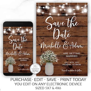 Rustieke Save-The-Dates, afdrukbare rustieke Save the Date-sjabloon, Save the Date, rustieke bruiloft, Mason Jar, afdrukbare Save the Date-sjabloon