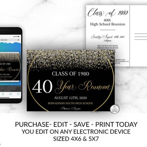 School Reunion Invitation, Class of Invitation Template, Editable Reunion Invite, Printable Personalizable Invitation, Black Gold Silver DIY image 1