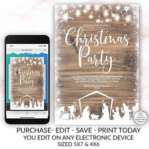 Editable Nativity Rustic Christmas Party Invitation Template Holiday Company Party Winter Online Cheap Textable Electronic Email DIY Snow