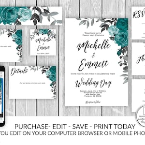 Teal Grey Floral Wedding Invitation Template, Printable, Template, Instant Download, DIY Wedding, Wedding Template, Boho, Script, Editable