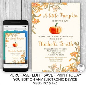 Pumpkin Baby Shower Invitation, Boho Fall Baby Shower Invitation, Fall in Love Invitation, Personalized Invitation, Fall, Autumn, Instant