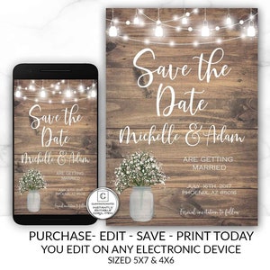 Rustikale Save-The-Dates, druckbare rustikale Save the Date Vorlage, Save the Date, rustikale Hochzeit, Einmachglas, druckbare Save the Date Vorlage