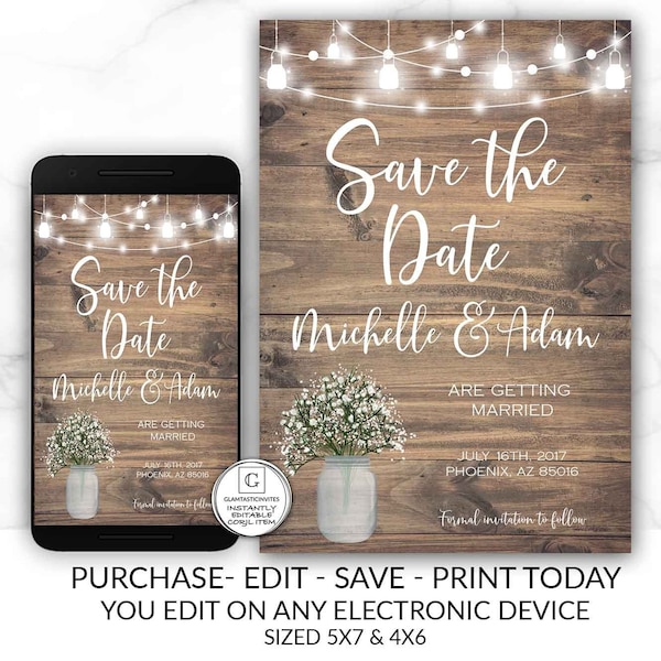 Rustic Save-The-Dates, Printable Rustic Save the Date Template, Save the Date, Rustic Wedding, Mason Jar, Printable Save the Date Template