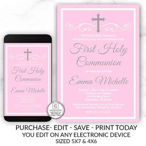 Rosa Grau Kreuz Aquarell Erstkommunion Einladung Mädchen Erstkommunion Einladung Erstkommunion Einladung Printable You Edit DIY Card