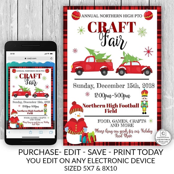 Holiday Craft Fair Flyer, Christmas Market Flyer, PTO, PTA, Holiday Fundraiser, Christmas Flyer, Holiday Event Flyer, Invitation, Christmas