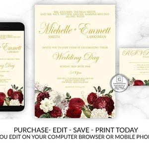 Burgundy Rose Creme Gold Wedding Invitation Elegant Classic Modern Rustic Wedding Invitation Template Online Electronic Textable Invite