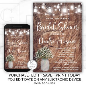 Rustic Mason Jar Babys Breath Bridal Shower Invitation Bridal Brunch Invitation Template Editable Printable Online Electronic DIY Invitation image 1