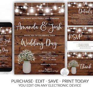 Printable Rustic Wedding Invitation, Country Wedding Invitation, DIY Instant Download, Wedding Invitation Suite, Wedding Invitation Template