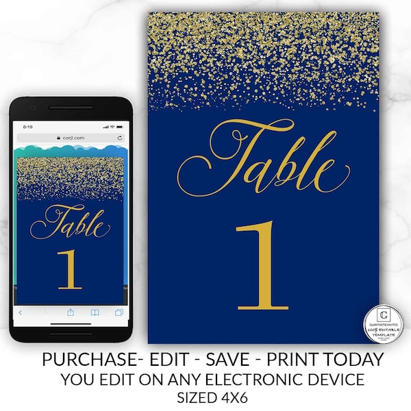 Royal Blue Gold Table Numbers, Wedding Table Numbers, Printable Table Numbers, Blue Gold Wedding, Table Number Template, Seating, Numbers