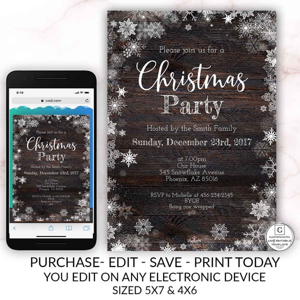 Editable Rustic Christmas Party Invitation Template Holiday Company Party Country Winter Online Textable Electronic Email DIY Pine Snowflake