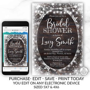 Rustic Bridal Shower Invitation, Rustic Invitation, Country invitation, Winter Bridal Snowflake Invitation, Bridal Shower Invite Template