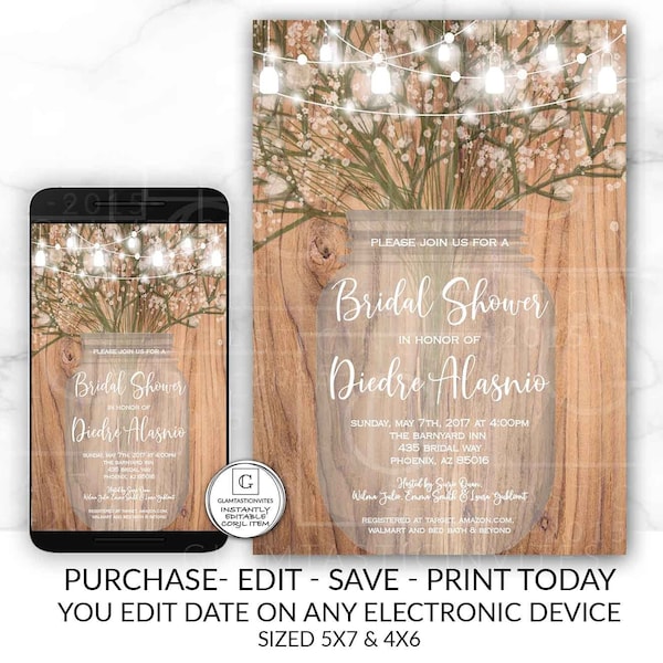 Bridal Shower Rustic Invitation Boho Mason Jar Country Bridal Shower Invite Template Online Electronic Cheap DIY Textable Editable Printable