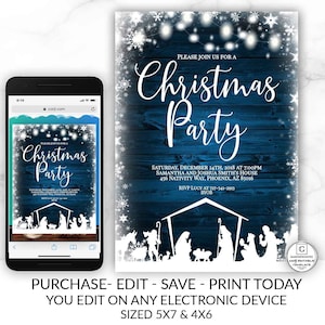 Editable Nativity Rustic Christmas Party Invitation Template Holiday Company Party Winter Online Cheap Textable Electronic Email DIY Snow