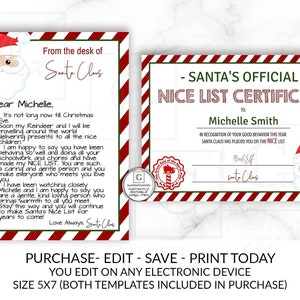 Carta de Natal do Papai Noel Pacote de Certificados de Lista Agradável, Carta do Papai Noel, Editável, Para Impressão, Você Edita, Elfo, Lista Agradável, Recompensa de Lista Agradável