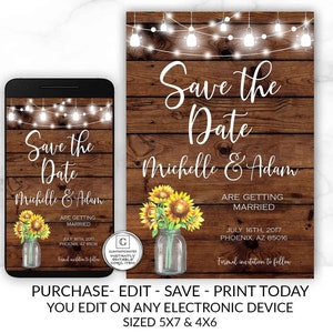 Rustic Sunflower Save-The-Dates, Printable Rustic Save the Date Postcard, Save the Date, Rustic Wedding, Printable Save the Date Template